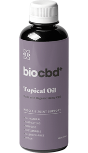 A bottle of biocbd+'s topical oil