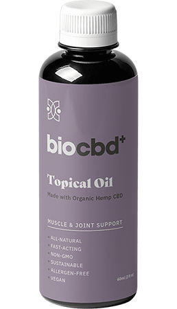 A bottle of biocbd+'s topical oil