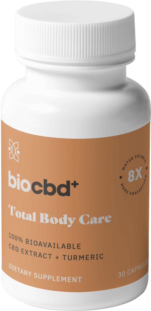 A bottle of biocbd+'s total body care capsules