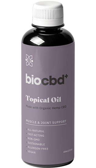 A bottle of biocbd's topical oil for pain