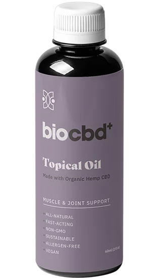 A bottle of biocbd's topical oil for pain