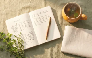 Morning tea, journal, and newspaper on a linen surface representing a calm read of cannabis rescheduling news.