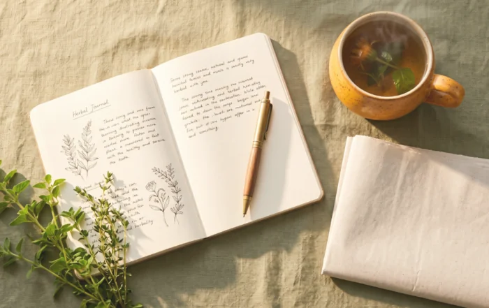 Morning tea, journal, and newspaper on a linen surface representing a calm read of cannabis rescheduling news.