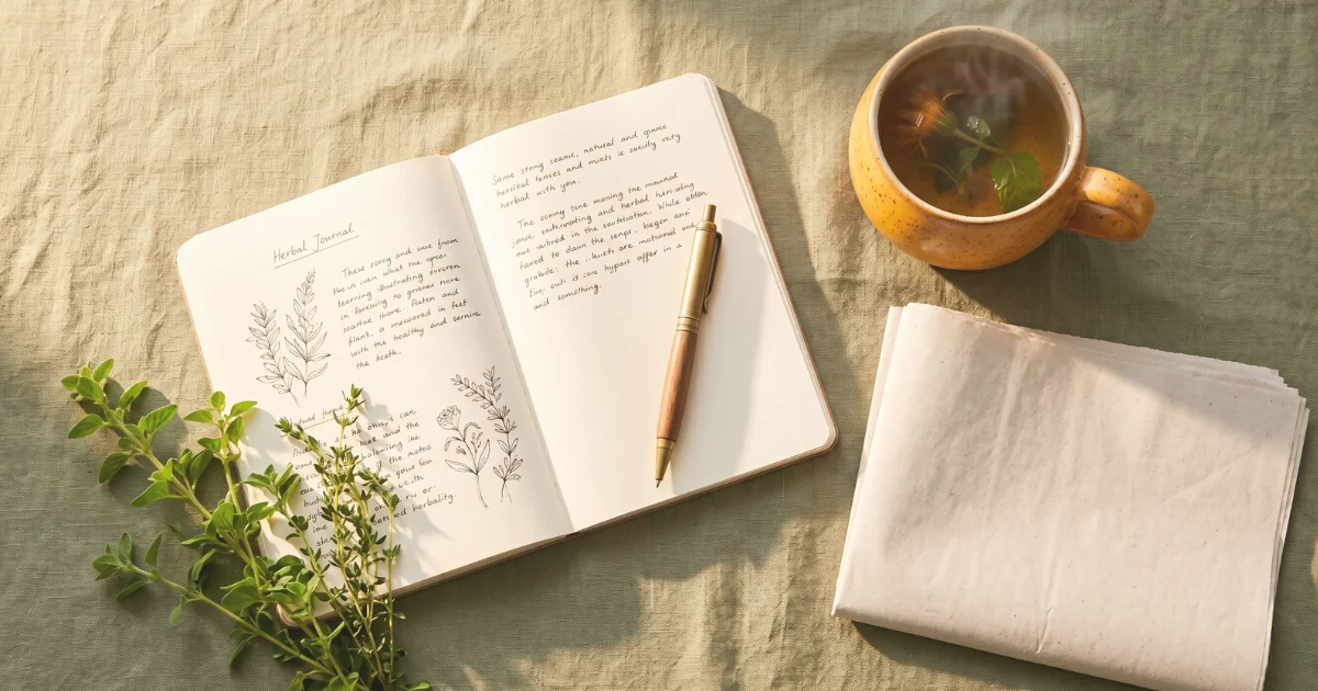 Morning tea, journal, and newspaper on a linen surface representing a calm read of cannabis rescheduling news.